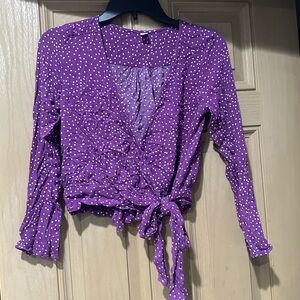 BP Top Blouse XS Purple Polk a Dot White Tie Waist Wrap